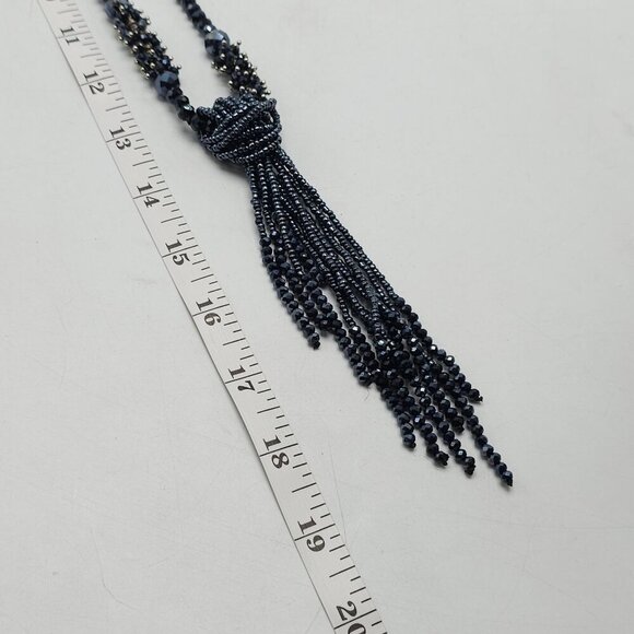 Black Blue Beaded Tassel Necklace With Sparkling Crystal Accents Vintage - Picture 8 of 8